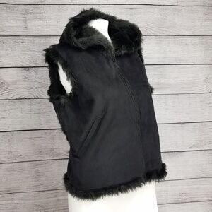 Lord & Taylor S/M Faux Suede Zip up Hooded Vest Faux fur lined